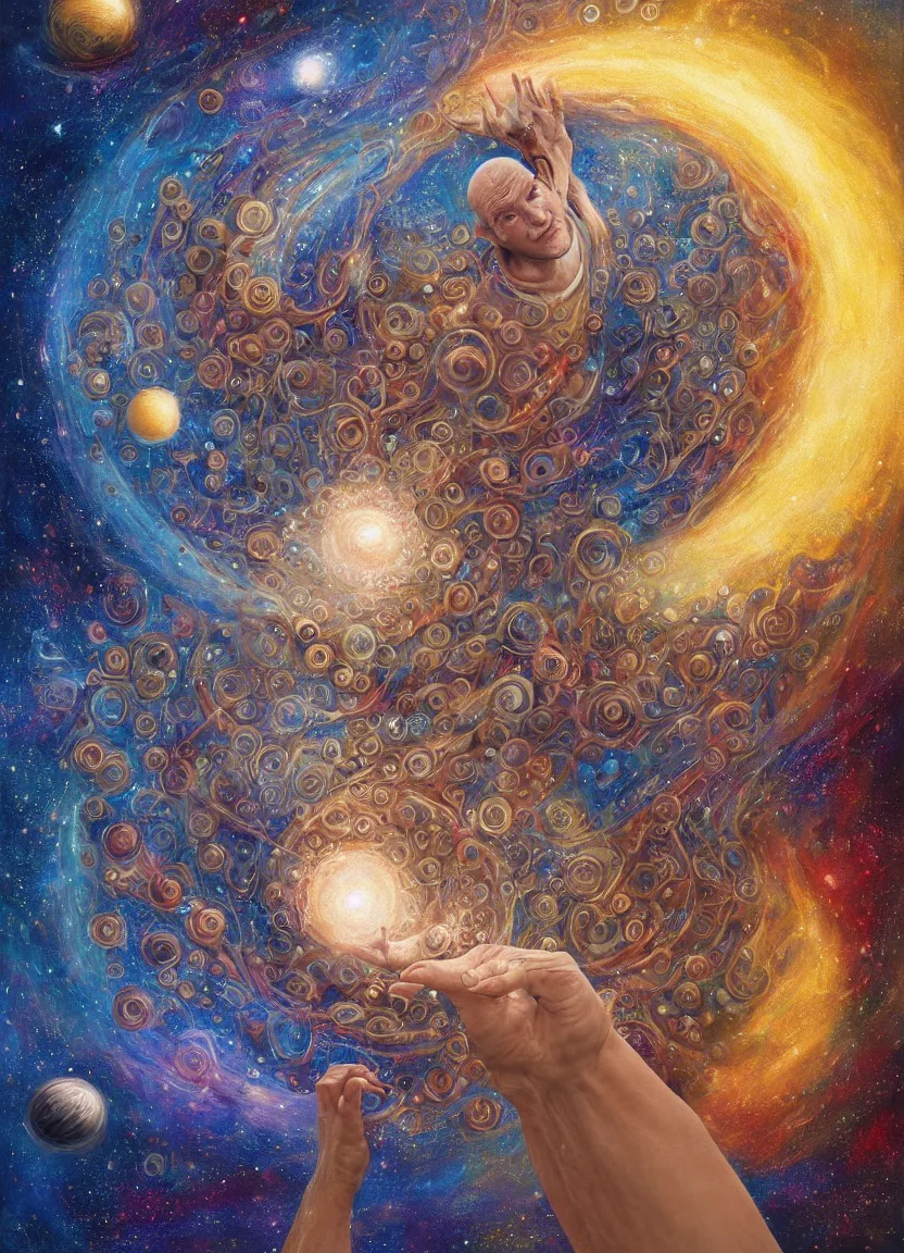 Prompt: high intricate dreamy painting of the sandman holding perfect round interconnected galaxies, full shot, neil gaiman, maria panfilova, andrea savchenko, mike kime, ludovic plouffe, qi shengluo, oliver cook, julian calle, eddie mendoza, trending on artstation