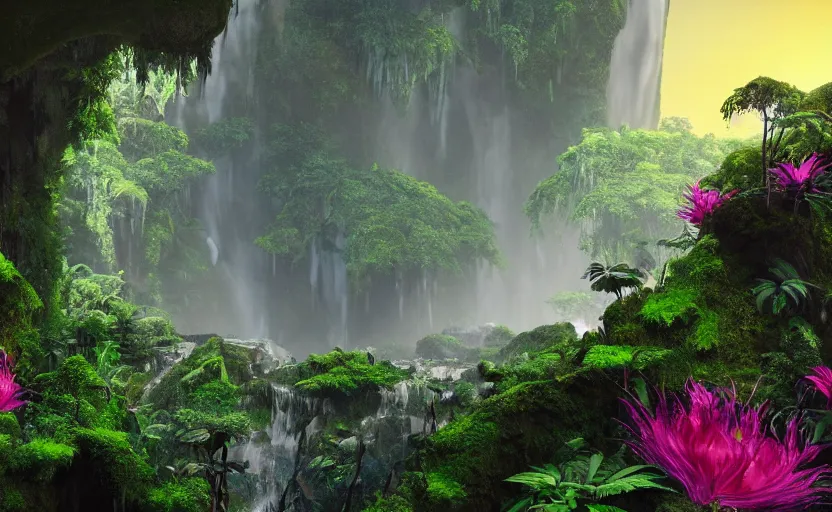 Image similar to a beautiful render of a dark prehistoric rainforest in a humongous cave, lush flora, patches of sky, magenta flowers, sunset, floating mountains and a waterfall in the background, intricate detail, hazy, humid, volumetric lighting, 8 k, photorealistic, raytracing effects, unreal engine 5