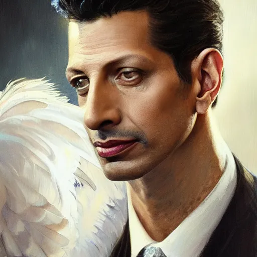 Image similar to hyperrealistic portrait of a man as jeff goldblum posing to noir moon in a white swan dress wearing sapphire jewellery with long feather collar by jeremy mann and alphonse mucha, fantasy art, photo realistic, dynamic lighting, artstation, poster, volumetric lighting, very detailed faces, 4 k, award winning