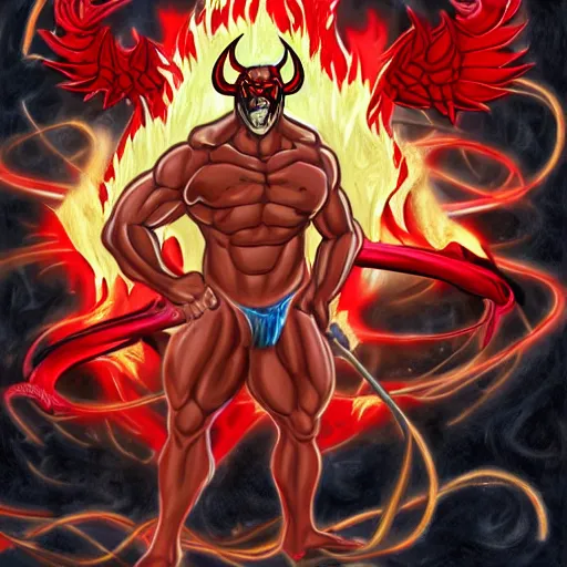 Prompt: full body drawing of a muscled horned Satan Devil , swimming tuxedo, red flames in background