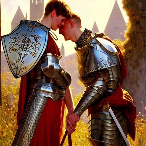 Image similar to attractive arthur pendragon and his favourite attractive male knight, they are in love, camelot, natural lighting, path traced, highly detailed, high quality, digital painting, by gaston bussiere and ross tran and j. c. leyendecker and alphonse mucha