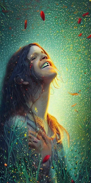 Image similar to infp young woman, smiling amazed, golden fireflies lights, sitting in the midst of nature fully covered, long loose red hair, intricate linework, green eyes, small nose with freckles, oval shape face, realistic, expressive emotions, dramatic lights spiritual scene, hyper realistic ultrafine art by michael cheval, jessica rossier, boris vallejo