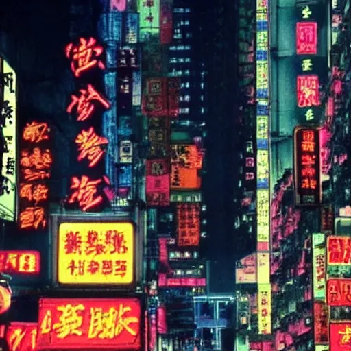 Prompt: A still of Kowloon, big poor building, Hong Kong at night in Ghost in the Shell (1995) anime, neon signs, cyberpunk, dark lighting, 16:9 format