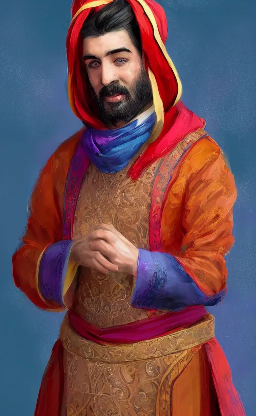 Prompt: a charming tailor of middle - eastern descent, dressed in fine colorful robes and sporting a goatee, smirking, fantasy digital painting by barret frymire by artem priakhin, high resolution 4 k