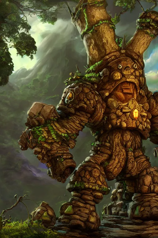 Image similar to zelda fantasy art giant golem troll wood rock greeble gemstone, global illumination ray tracing hdr fanart arstation by sung choi and eric pfeiffer and gabriel garza and casper konefal