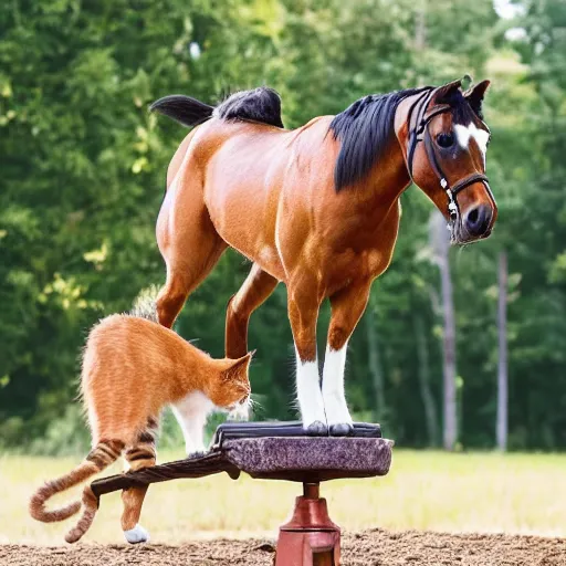 Image similar to a cat standing on a dog that riding a horse, realistic, 4k