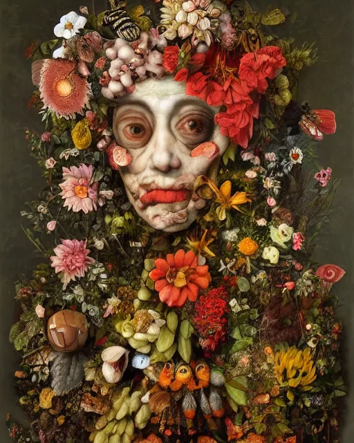 Image similar to A beautiful detailed full body portrait painting 'The Godes of nature' by Giuseppe Arcimboldo, flowers bees and birds everywhere, existential horror, Trending on cgsociety artstation, highly detailed, 8k, masterpiece, in the style of DiscoDiffusion.