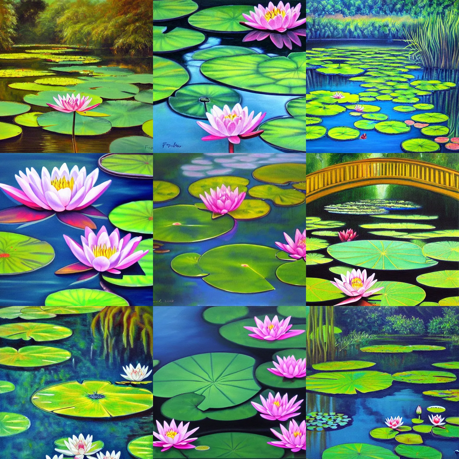 Prompt: a beautiful painting of a water lily pond by frank miller