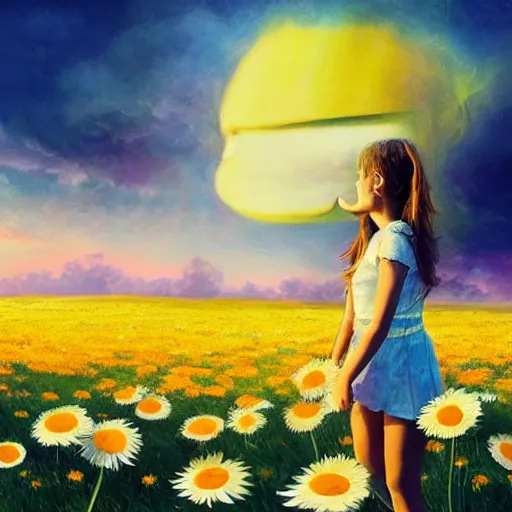 Prompt: head made of giant daisies, girl dancing barefoot in a vast flower field, arms behind back, surreal photography, sunrise dramatic light, impressionist painting, colorful clouds, large sky, digital painting, artstation, simon stalenhag, flower face