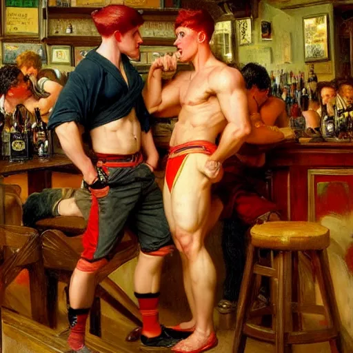 Image similar to attractive muscular male with red hair, shorts, and muscular attractive male with black hair, pants, drinking their hearts out, in a pub. very defined and highly detailed painting by j. c. leyendecker, gaston bussiere, craig mullins 8 k