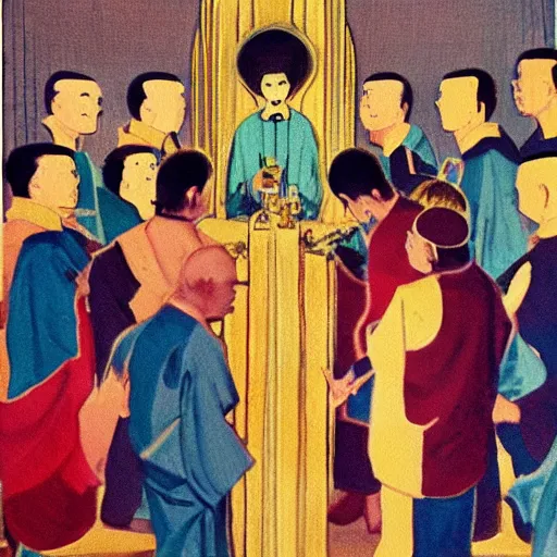 Image similar to a realistic oil painting of baby priest giving orders to its congregation of followers. art deco style mixed with retro japanese book art