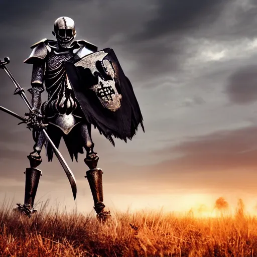 Image similar to a skeleton knight in black full plate armor with a black cape billowing in the wind standing on the battlefield surrounded by bodies, golden hour, shallow depth of field, moody lighting, 8 k, concept art,