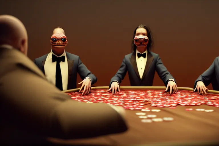 Prompt: hyperrealism simulation highly detailed human turtles'wearing detailed tuxedos and smoking, playing poker in hyperreilsm scene from cyberpunk movie from future by wes anderson and denis villeneuve and mike winkelmann rendered in blender and octane render