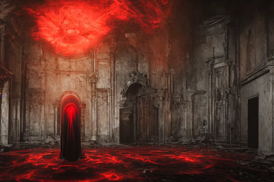 Prompt: Paranormal Activity In A Futuristic Satanic Chamber In An Abandoned Church In Rome With Black Hooded Characters Around A Dark Pagan Symbol Made of Red Fluid, photorealistic, volumetric lighting, hyperrealistic, octane render, HDR, photorealistic, bokeh