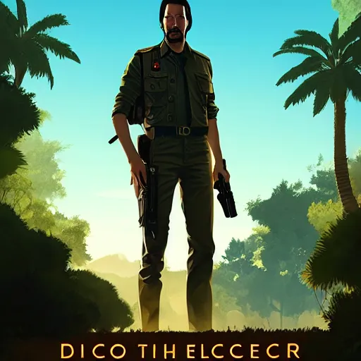 Image similar to keanu reevez in the role of main character from disco elysium, game poster