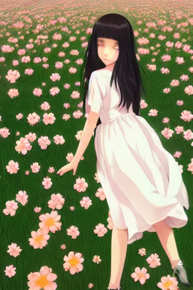 Prompt: little girl with her long black hair dressed in a simple white dress lying in a flowery field, anime art style, digital art by ilya kuvshinov, inspired by balthus, hd, 4 k, hyper detailed, rear view