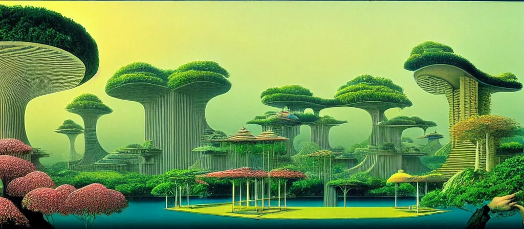 Image similar to huge gargantuan angular dimension of pagoda liminal spaces, temples by escher and ricardo bofill. utopian singaporean landscape by roger dean. magical realism, surrealism, lush sakura trees, waterfalls, thunder, lightning, cyberpunk, shot from below, epic scale