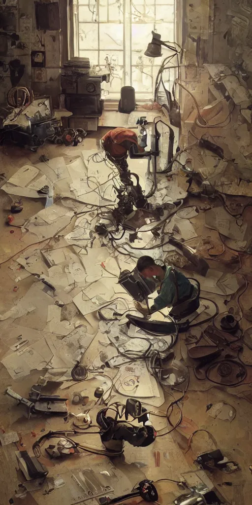 Image similar to a boy fixing his robot, part by Norman Rockwell, part by Greg Rutkowski , part by Mattias Adolfsson, high angle, ((volumetric lighting)), oil on canvas