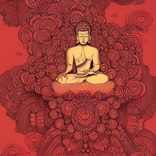 Prompt: dark red paper with intricate designs,tarot card ,a mandelbulb fractal southeast asian buddha statue,full of golden layers, flowers, cloud, vines, mushrooms, swirles, curves, wave,by Hokusai and Mike Mignola, trending on artstation,elaborate dark red ink illustration,