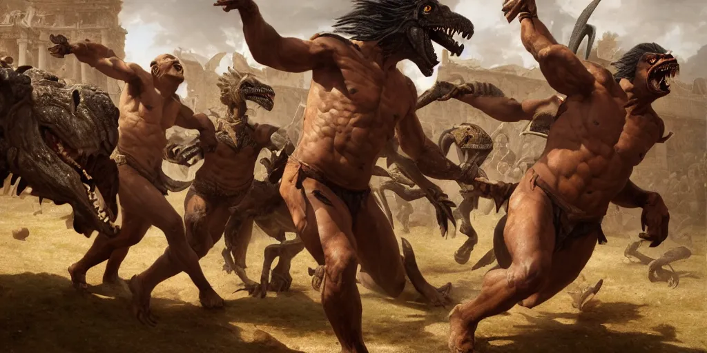 Image similar to Dark Skinned Orc Barbarian in a Roman style Coliseum wins in a foot race against of a Velociraptor, Oil Painting, hyperrealistic, octane render, Detailed Digital Art, RPG scene, William-Adolphe Bouguereau, Michael Cheval, dynamic lighting, Highly Detailed, Cinematic Lighting, 8k, HD