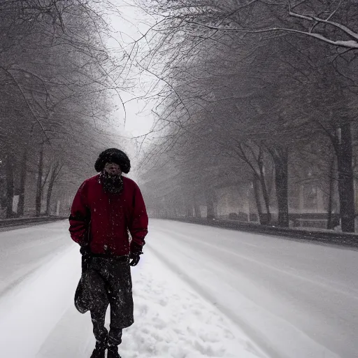 Prompt: a boy with colored dread hair walking in snow, 6 : 3 0 am, painted by michelangelo