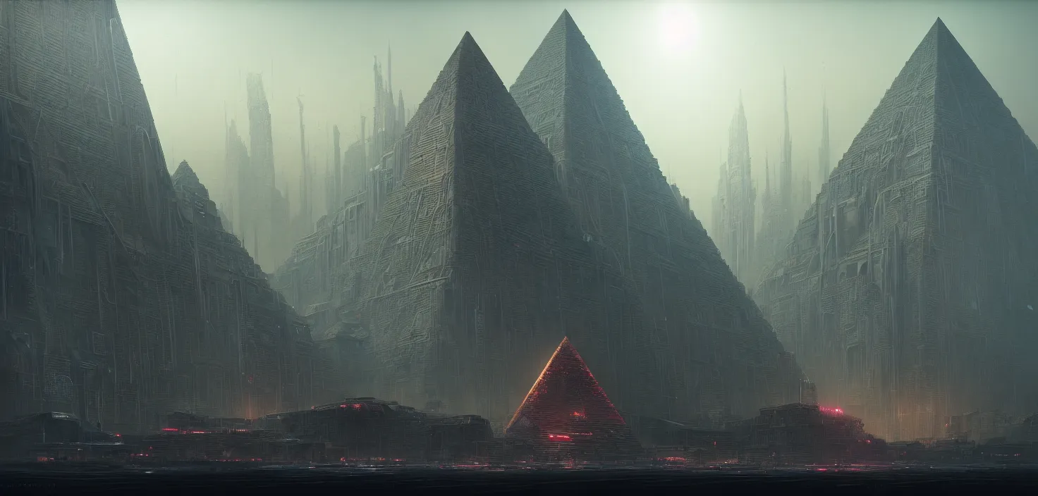 Image similar to cyberpunk egiptian pyramid overview, Greg Rutkowski, HR Giger, Wadim Kashin, in Zdzisław Beksiński color scheme, featured in artstation, octane render, cinematic, elegant, intricate, 8k