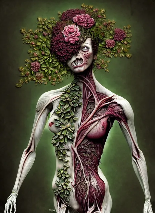 Image similar to beautiful and detailed rotten woman corpse with fractal plants and fractal flowers growing around, muscles, veins, arteries, intricate, organs, ornate, surreal, ray caesar, john constable, guy denning, dan hillier