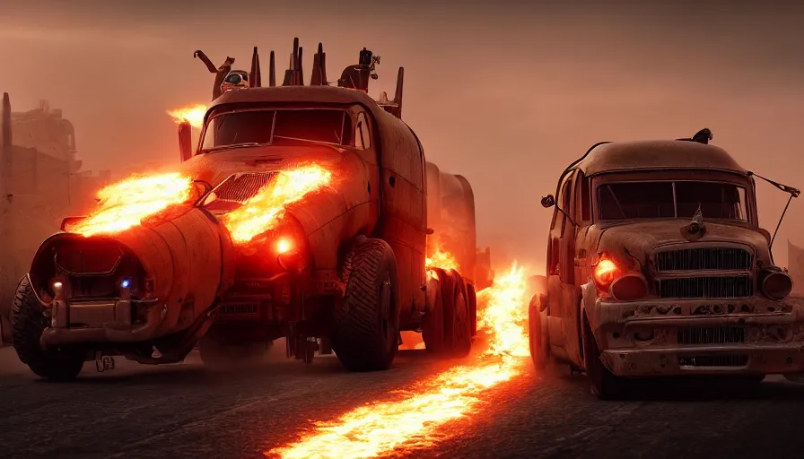 Image similar to Flaming trucks racing in Mad Max, hyperdetailed, artstation, cgsociety, 8k