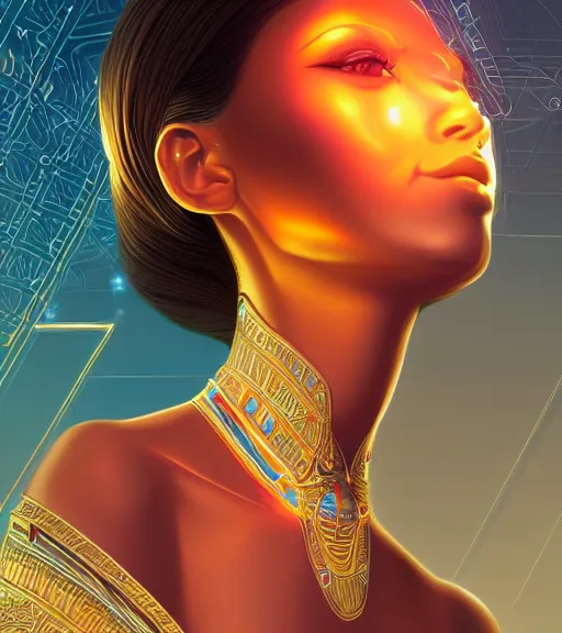 Image similar to symmetry!! egyptian princess of technology, solid cube of light, hard edges, product render retro - futuristic poster scifi, lasers and neon circuits, beautiful brown skin woman egyptian princess, intricate, elegant, highly detailed, digital painting, artstation, concept art, smooth, sharp focus, illustration, dreamlike, art by artgerm