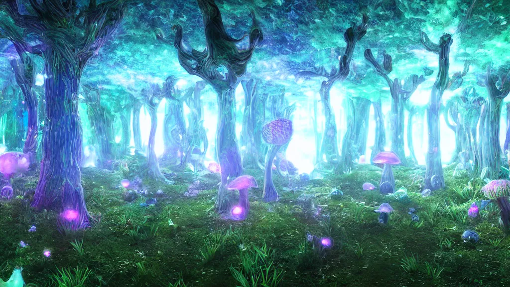 Image similar to 8k, acid trip, hall of mirrors, ultra detailed, a hyperrealistic image of a mycelium forest with neon glowing mushrooms, with magical creatures, trending on patreon, artstation, deviantart. Unreal engine