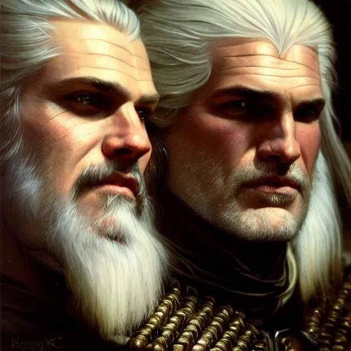 Image similar to geralt of rivia and jaskier. close up of their faces. natural lighting. highly detailed painting by gaston bussiere, j. c. leyendecker, greg rutkowski 8 k