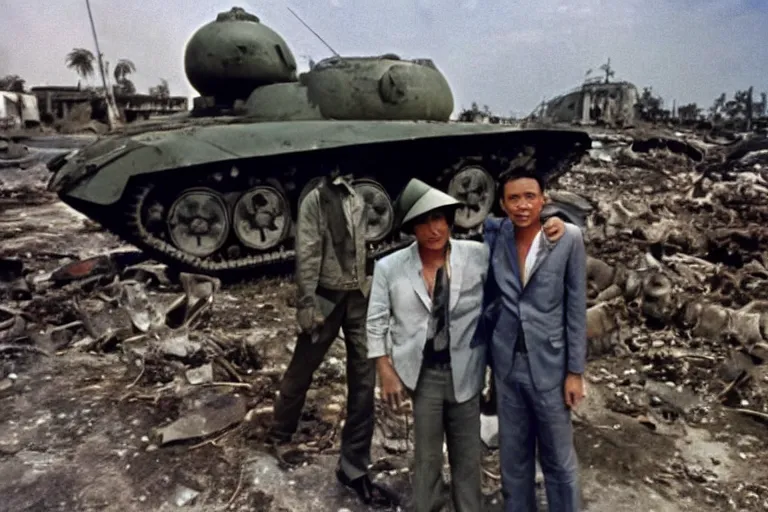 Image similar to a photo of a two mans posing in front of tank in destroyed vietnamese city, us journalism ministry photo, 1 9 6 9, color photo, perfect faces, fine details, fim still