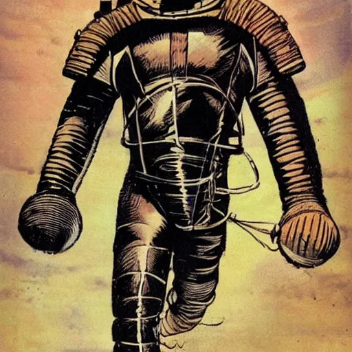 Image similar to Dead Space spacesuit, on a spacewalk, in the style of Frank Frazetta and Moebius