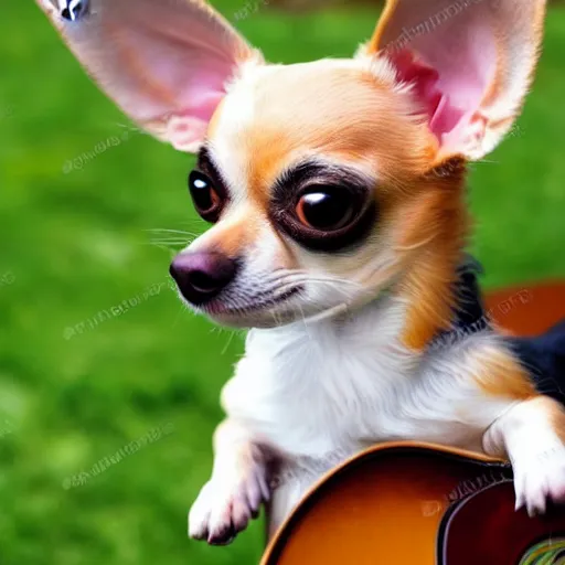 Prompt: chihuahua dog with big ears playing the blues guitar