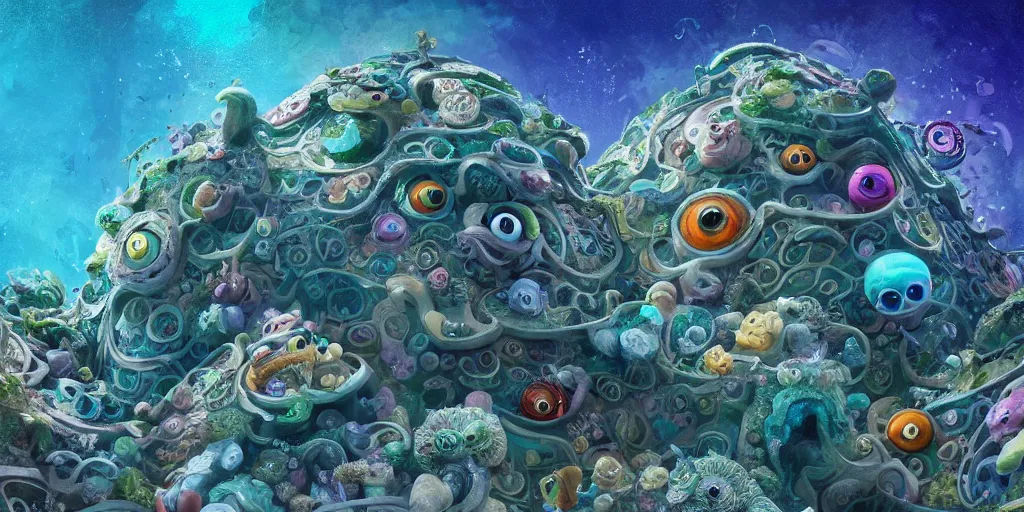 Image similar to of an intricate sea reef with strange cute friendly happy creatures with huge eyes, mouth, long tongue, round teeth and goofy face, appearing from the background, in the style of gehry and gaudi, macro lens, shallow depth of field, ultra detailed, digital painting, trending artstation, concept art, illustration, cinematic lighting, photorealism, epic, octane render