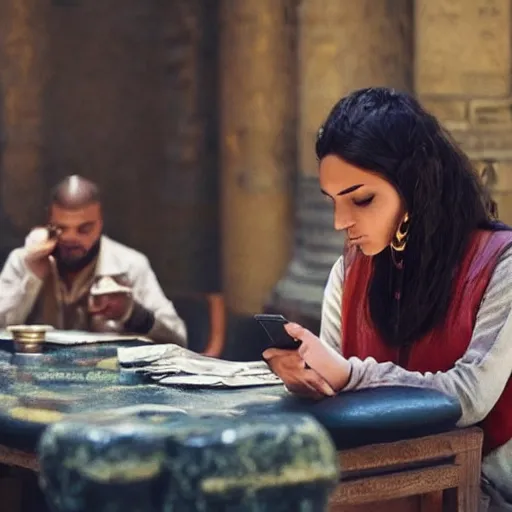 Image similar to egyptian gods playing on their iphones, smooth, sharp focus