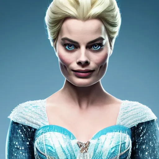 Image similar to Margot Robbie as Elsa in disney frozen live action, 8k full HD photo, cinematic lighting, anatomically correct, oscar award winning, action filled, correct eye placement,