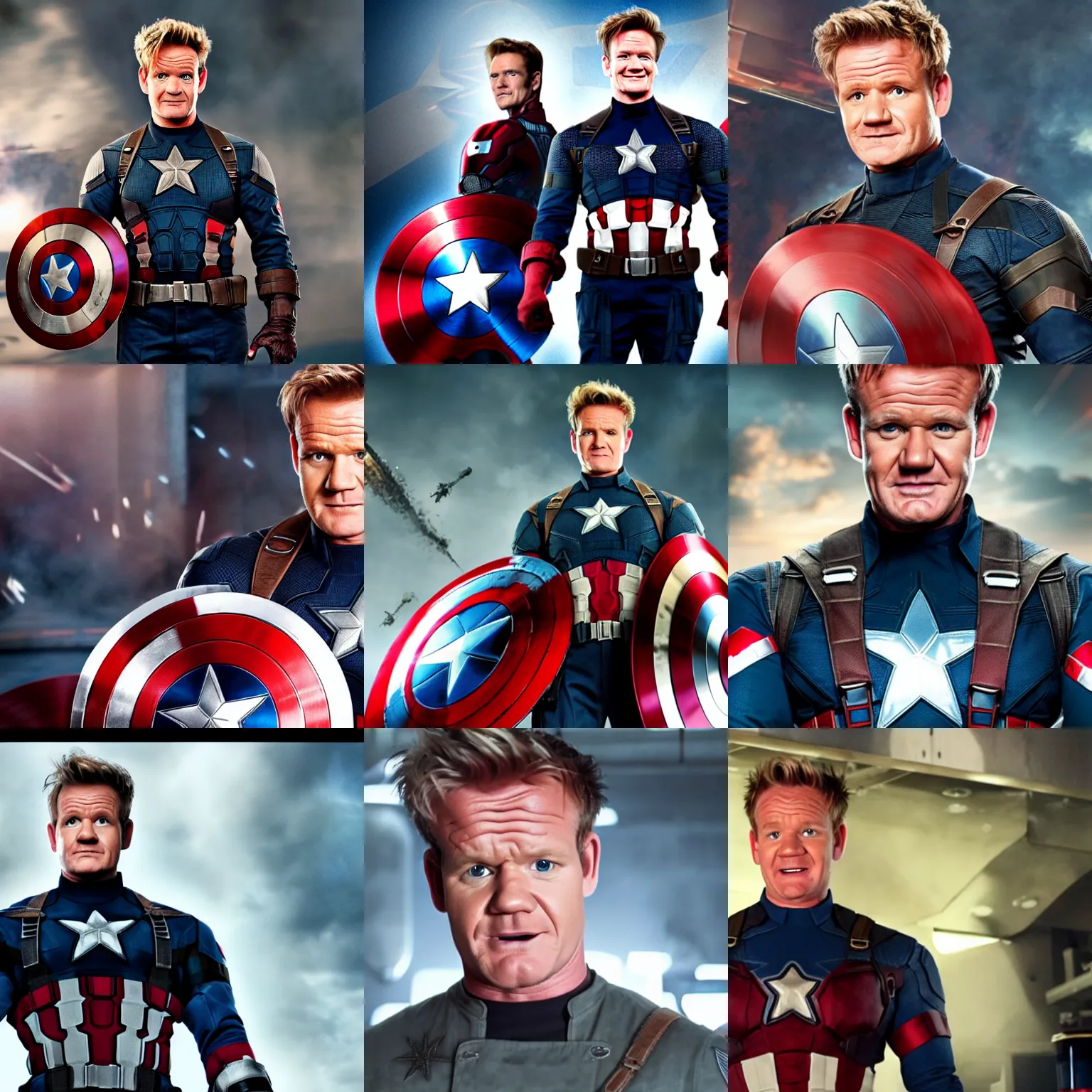 Prompt: a screenshot of gordon ramsey as captain america in the avengers. 4 k