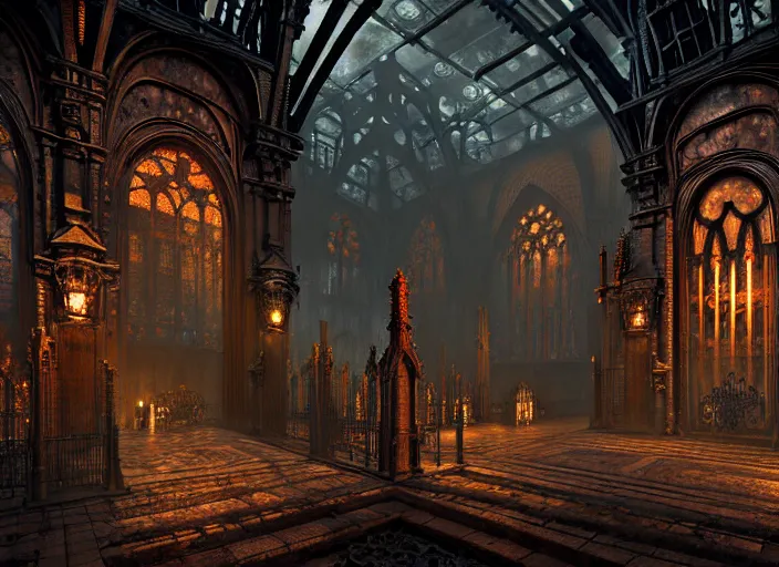 Image similar to steam necropolis, memento mori, gothic, neo - gothic, art nouveau, hyperdetailed copper patina medieval icon, stefan morrell, philippe druillet, ralph mcquarrie, concept art, steampunk, unreal engine, detailed intricate environment, octane render, moody atmospherics, volumetric lighting, ultrasharp, ominous, otherworldly