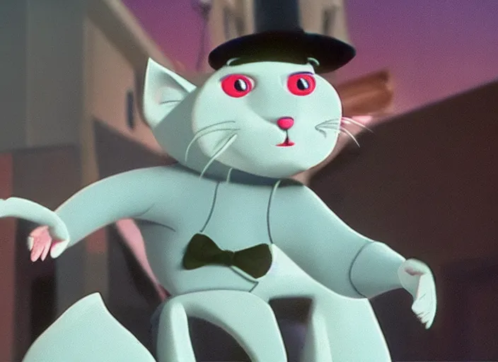 Prompt: film still of an anthropomorphic gray cat wearing a jacket in Dream Work's The Bad Guys Animation