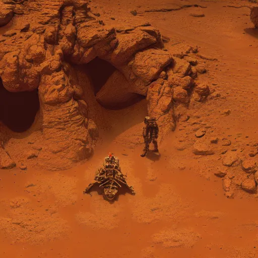 Image similar to soldiers discovering an alien base on mars, 1 9 2 0's sci - fi, deep aesthetic colors, 8 k, highly ornate intricate details, extreme detail,