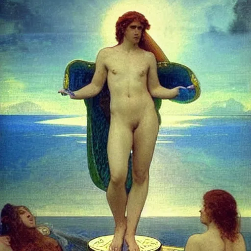 Prompt: The chalice of the angels, refracted sparkles, thunderstorm, greek pool, beach and Tropical vegetation on the background major arcana sky, by paul delaroche, alphonse mucha and arnold böcklin, hyperrealistic symmetrical 8k, award-winning, very very very detailed