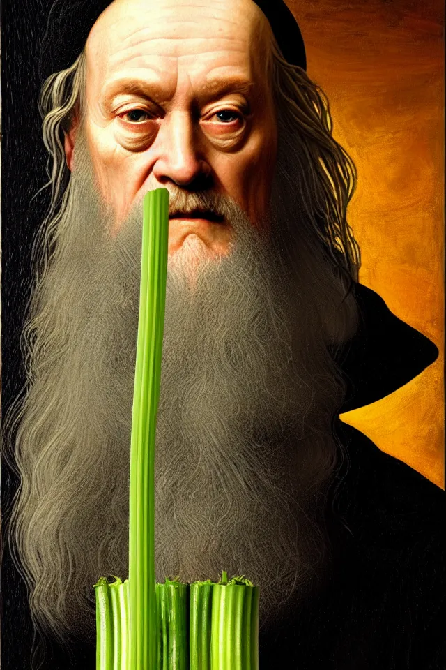 Image similar to bizarre renaissance portrait of dumbledore as a highly detailed celery stick, dramatic cinematic lighting, 8 k, beautiful intricate painting by dan mumford