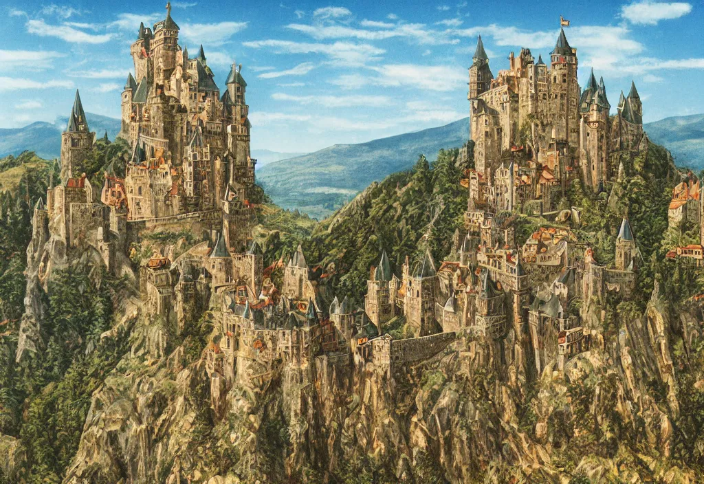 Image similar to enormous medieval castle on top of a tall narrow mountain, photorealistic, high detail, kodak portra 4 0 0