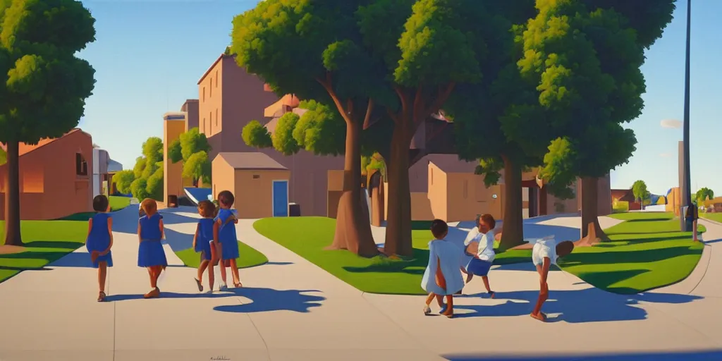 Image similar to quiet kids in the street, blue sky, summer evening, kenton nelson