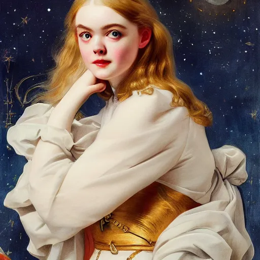 Prompt: Elle Fanning holding the moon, artstation, by J. C. Leyendecker and Peter Paul Rubens,