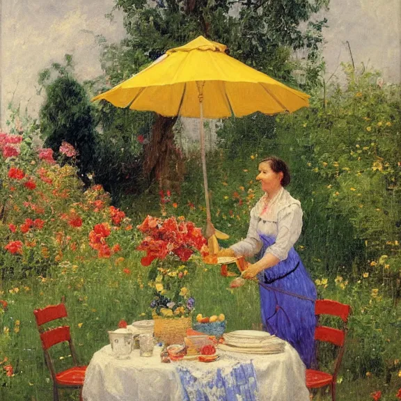 Image similar to a housewife and her daughter putting dishes on a table in the backyard, a tilted parasol sits above the table, a garden with colorful flowers in the background, rainy scene, 1 9 5 0's, medium symmetry, by ilya repin, extreme detail, 8 k, intricate abstract, photorealistic