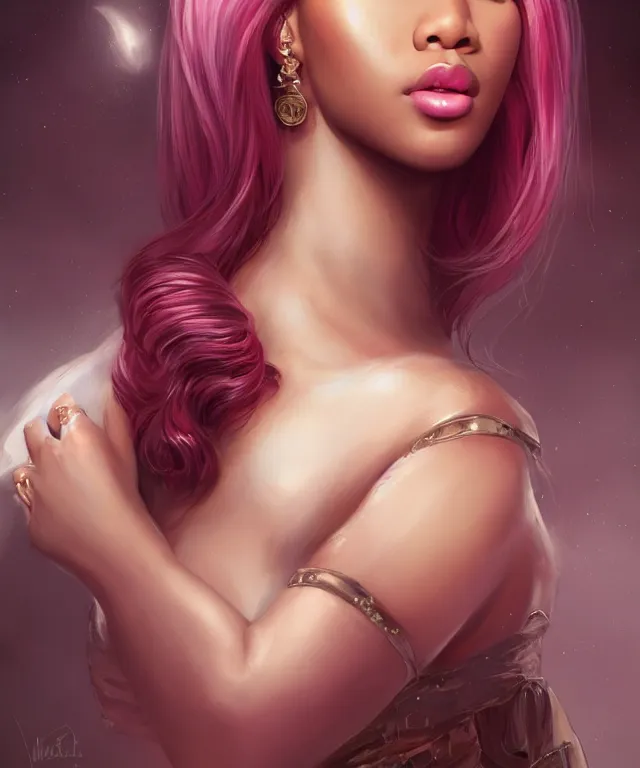 Prompt: 5 5 mm portrait photo nicki minaj by charlie bowater and titian and artgerm, intricate, face, highly detailed 8 k, intricate, lifelike, soft light, cinematic lighting, featured on artstation