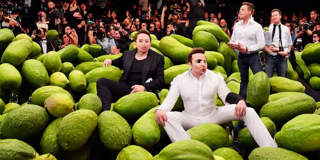 Image similar to elon musk inside of a giant avacado, realistic, cinematic photogtaphy, fruit celebrity, avacado dream, elon musk dresms of sitting inside of avacados, avacado chairs, avacado halloween costumes, in a boxing ring, photography