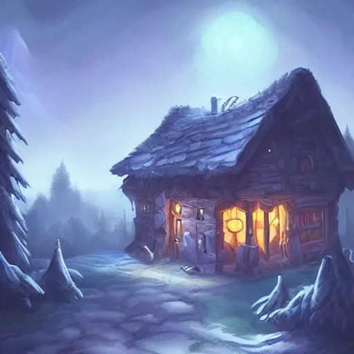 Prompt: a house, a man sitting before the house in the forest, night lighting, in hearthstone art style, epic fantasy style art, fantasy epic digital art, epic fantasy card game art